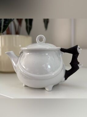 Vintage Enesco White Ceramic Teapot with Black Witch Detail